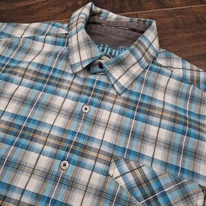 Kuhl Born In The Mountains Mens Medium Blue Plaid Button Shirt Hiking Outdoors